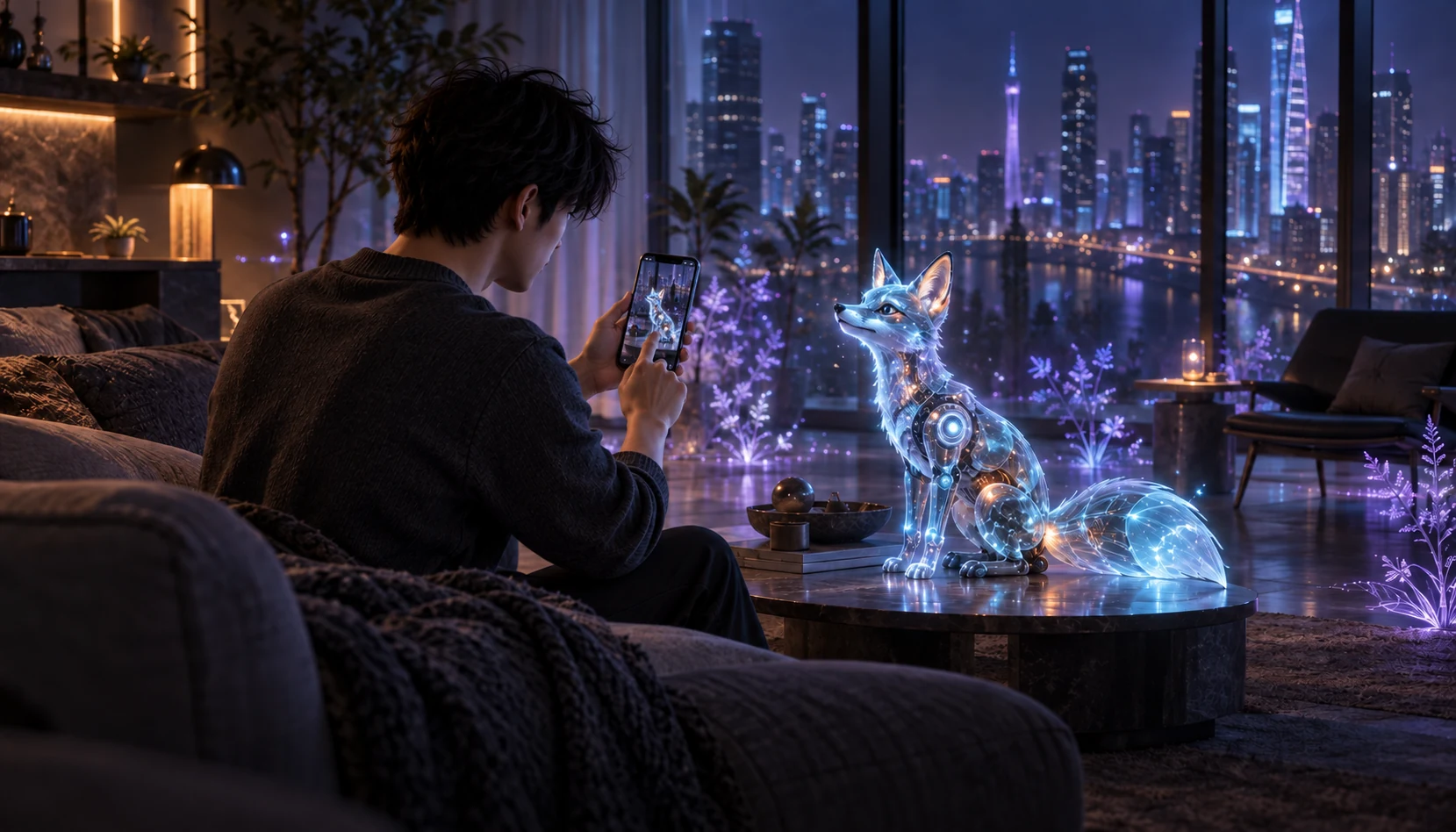 用户在夜景客厅中通过手机与青色机械狐数字伙伴互动，未来场景概念图